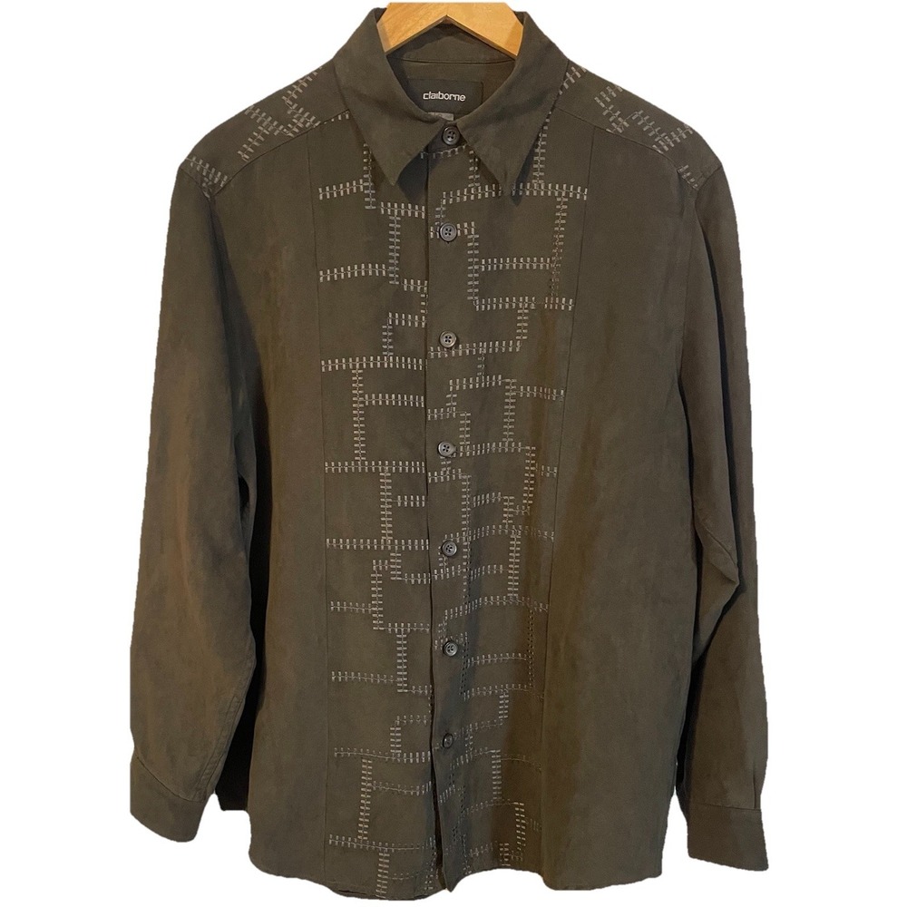 90s Claiborne Button Up Shirt Mens Sz L Gray Abstract Long Sleeve Business Party